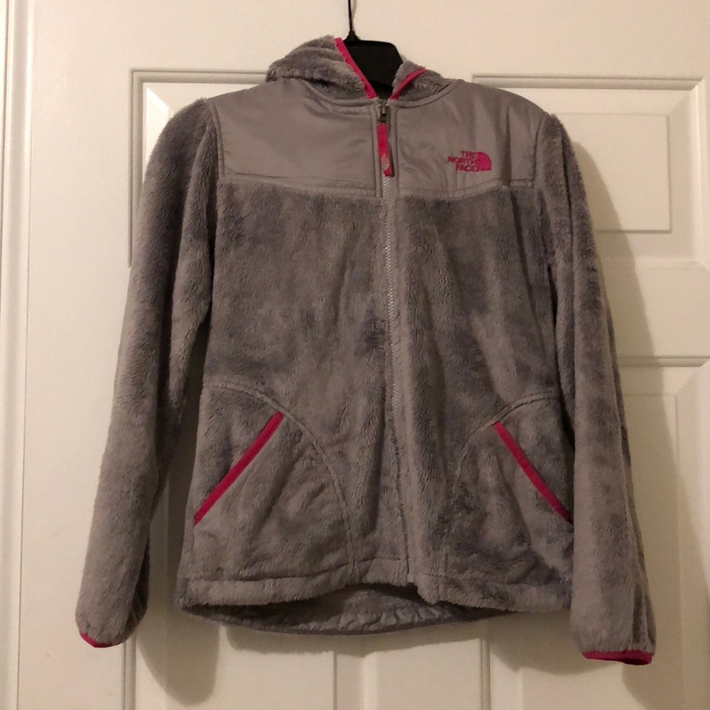Grey and Pink North Face Fur Jacket